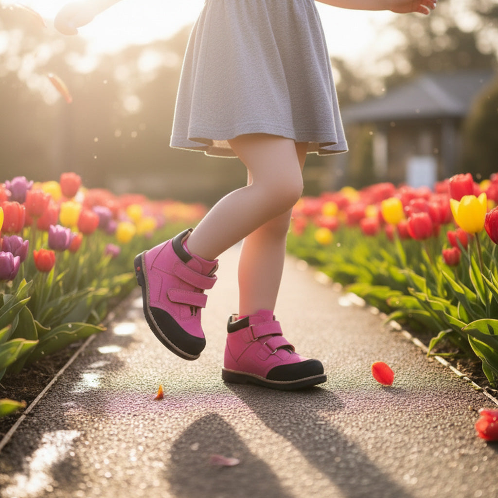 Child in grey dress walking along tulip path wearing bright pink Ortho Shoes kids’ orthopedic boots with arch and ankle support, Thomas heels, nubuck and leather lining.