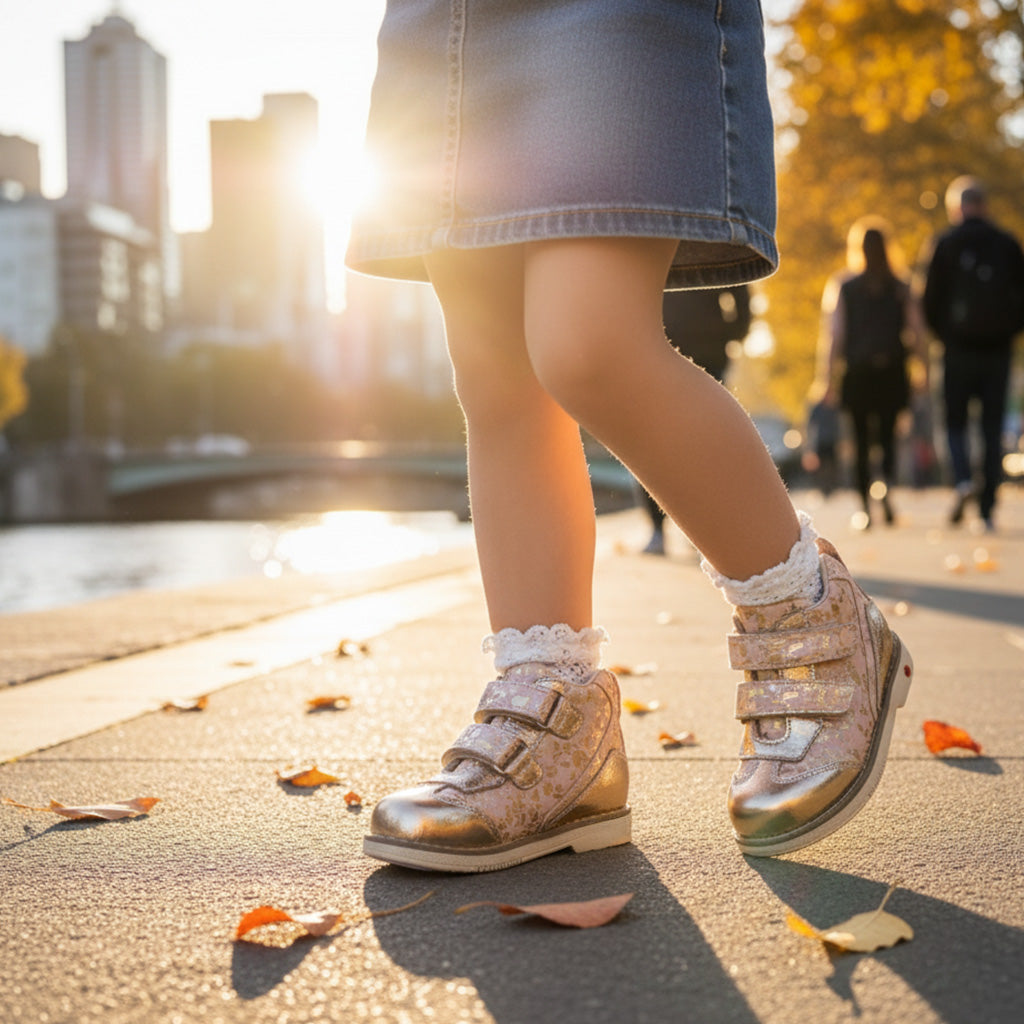 Child in denim skirt and lace socks wearing shiny gold Ortho Shoes kids’ orthopedic boots with arch and ankle support, Thomas heels, nubuck and leather lining, standing on autumn walkway.