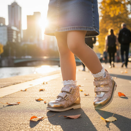 Child in denim skirt and lace socks wearing shiny gold Ortho Shoes kids’ orthopedic boots with arch and ankle support, Thomas heels, nubuck and leather lining, standing on autumn walkway.