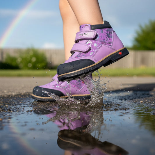 Girl splashing in puddles wearing Ortho Shoes purple orthopedic half boots with floral design, Velcro straps, black toe caps, and built-in arch and ankle support, with rainbow in the background.