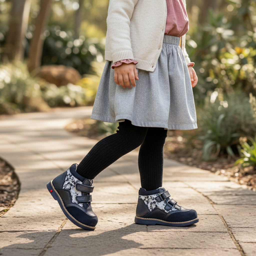 Young girl walking on a sunlit garden path in gray skirt and black tights, wearing silver black Ortho Shoes orthopedic boots with black and white floral pattern, Velcro straps, cushioned sole, Thomas heels, arch and ankle support.
