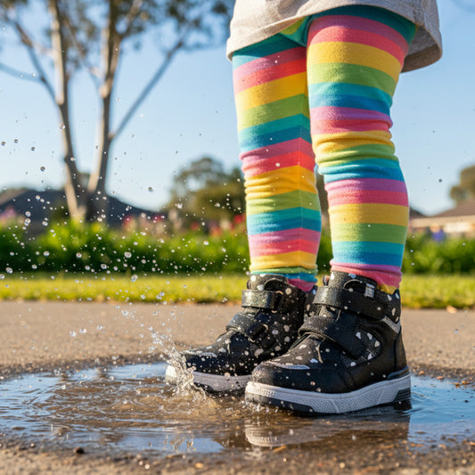 Child in rainbow leggings splashing in puddle while wearing black Ortho Shoes kids’ orthopedic boots with arch and ankle support, nubuck and leather lining.