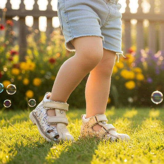 Girl in denim shorts wearing light Ortho Shoes kids’ orthopedic sandals with arch and ankle support, Thomas heels, nubuck and leather lining, standing on grass with bubbles and flowers.