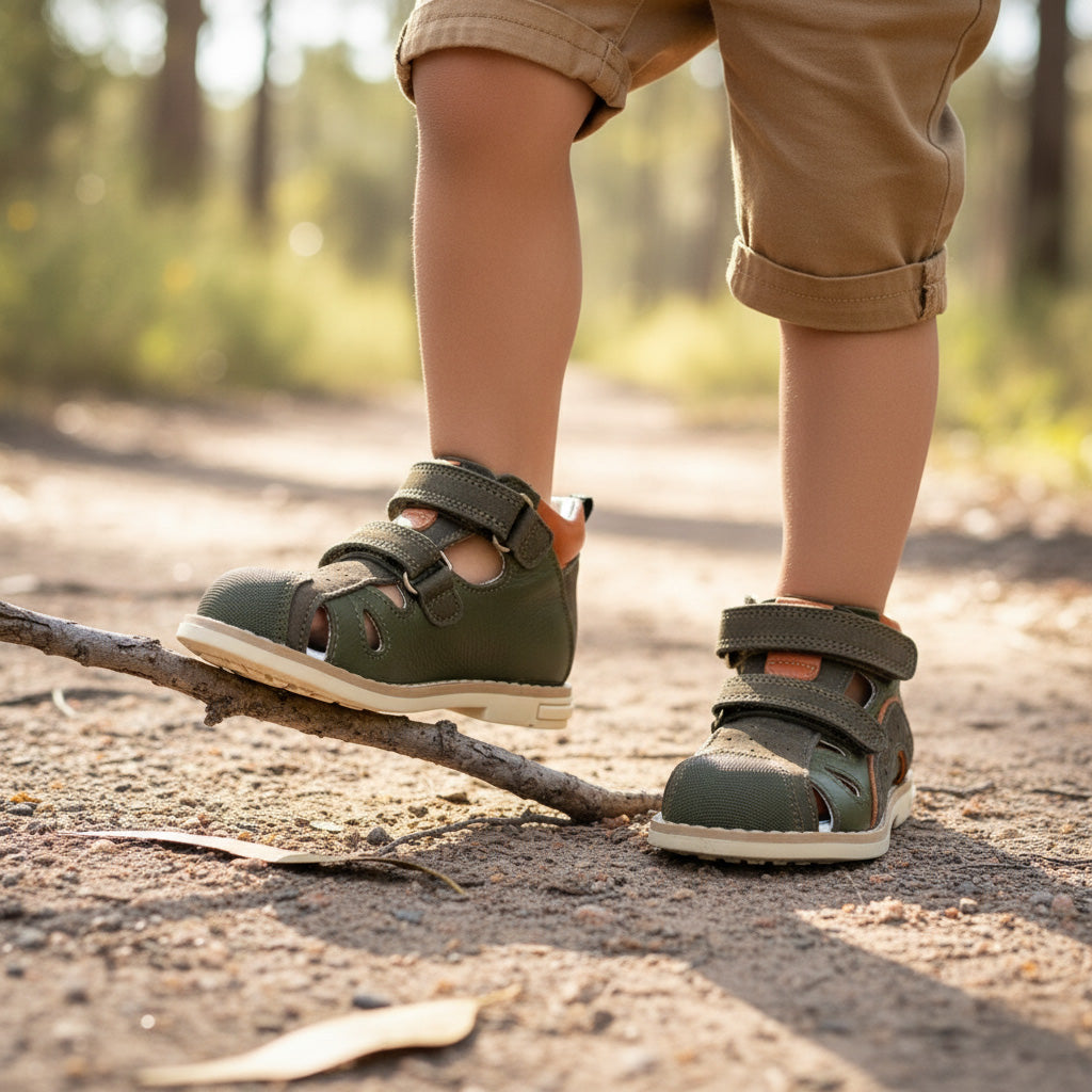 Ortho Shoes kids’ orthopedic sandals in green with Velcro closure, closed toe, arch and ankle support, and Thomas heels, worn on a dirt path in the woods.