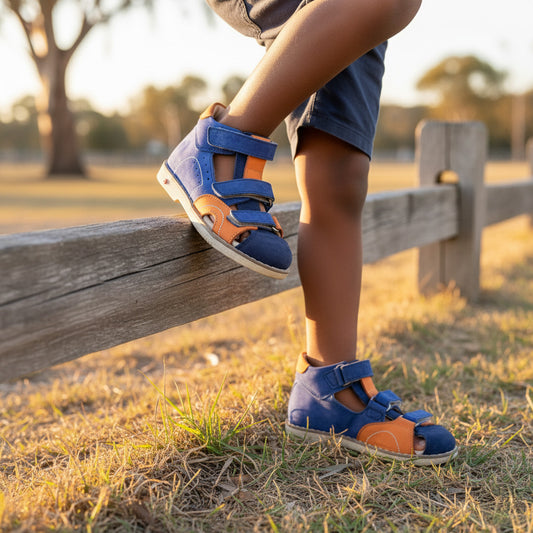 Ortho Shoes kids’ orthopedic sandals in blue and orange with Velcro closure, arch support, and sturdy soles, worn while standing on a fence in a grassy park.