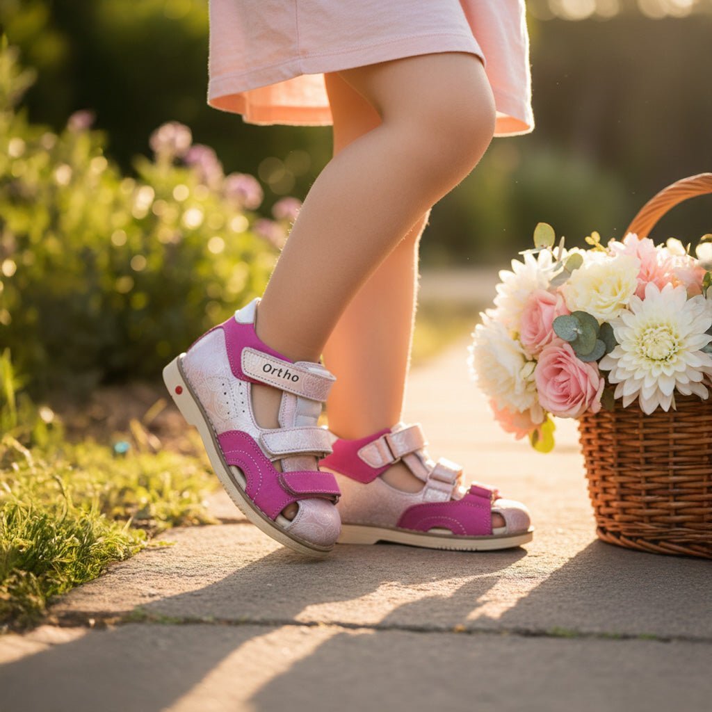 Ortho Shoes kids’ orthopedic sandals featuring closed-toe leather, arch and ankle support, and Thomas heels, worn by a child in a pink dress next to a basket of dahlias and roses in a park setting.