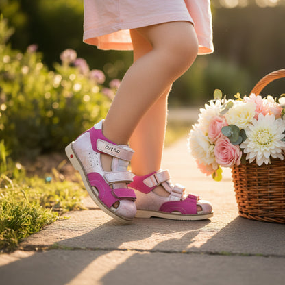 Ortho Shoes kids’ orthopedic sandals featuring closed-toe leather, arch and ankle support, and Thomas heels, worn by a child in a pink dress next to a basket of dahlias and roses in a park setting.
