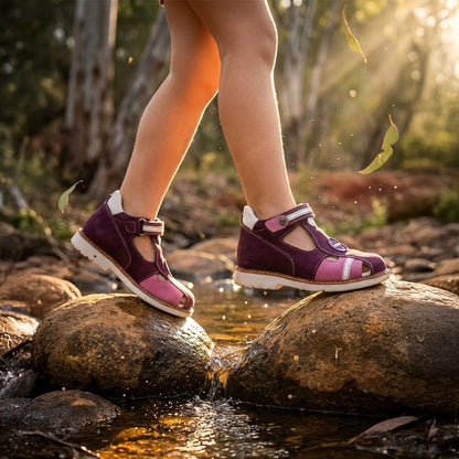 Girls’ orthopedic sandals by Ortho Shoes in purple and pink with closed toes and supportive soles, shown during outdoor play.
