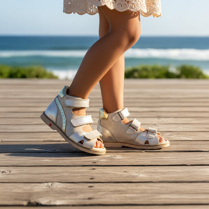 Child in cream lace dress standing on wooden boardwalk by the beach wearing metallic silver Ortho Shoes kids’ orthopedic sandals with Velcro straps, arch and ankle support, Thomas heels, nubuck and leather lining.