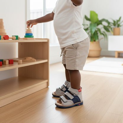 Toddler in beige shorts and white shirt playing with wooden stacking toy indoors, wearing Ortho Shoes kids’ orthopaedic sandals made of leather and nubuck with navy straps, Velcro closure, arch and ankle support, and Thomas heels for stability.