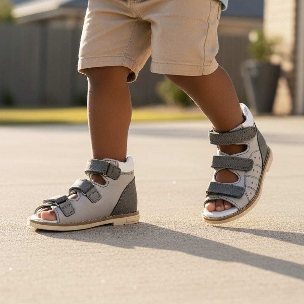 Young boy in light brown shorts walking outdoors in gray Ortho Shoes kids’ orthopedic sandals with Velcro straps, arch and ankle support, Thomas heels, nubuck and leather lining, on suburban pavement with houses and greenery in background.
