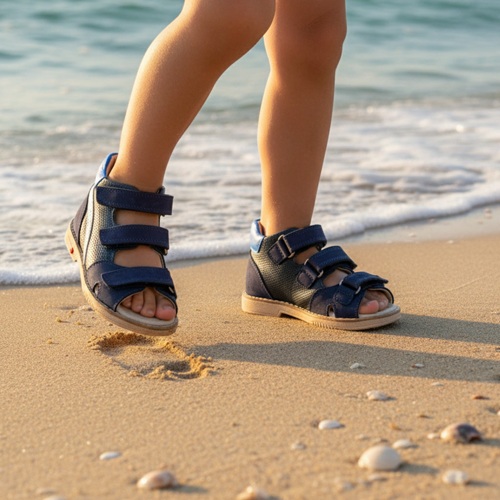 Child walking on sandy beach in dark blue Ortho Shoes kids’ orthopedic sandals with arch and ankle support, Thomas heels, nubuck and leather lining.