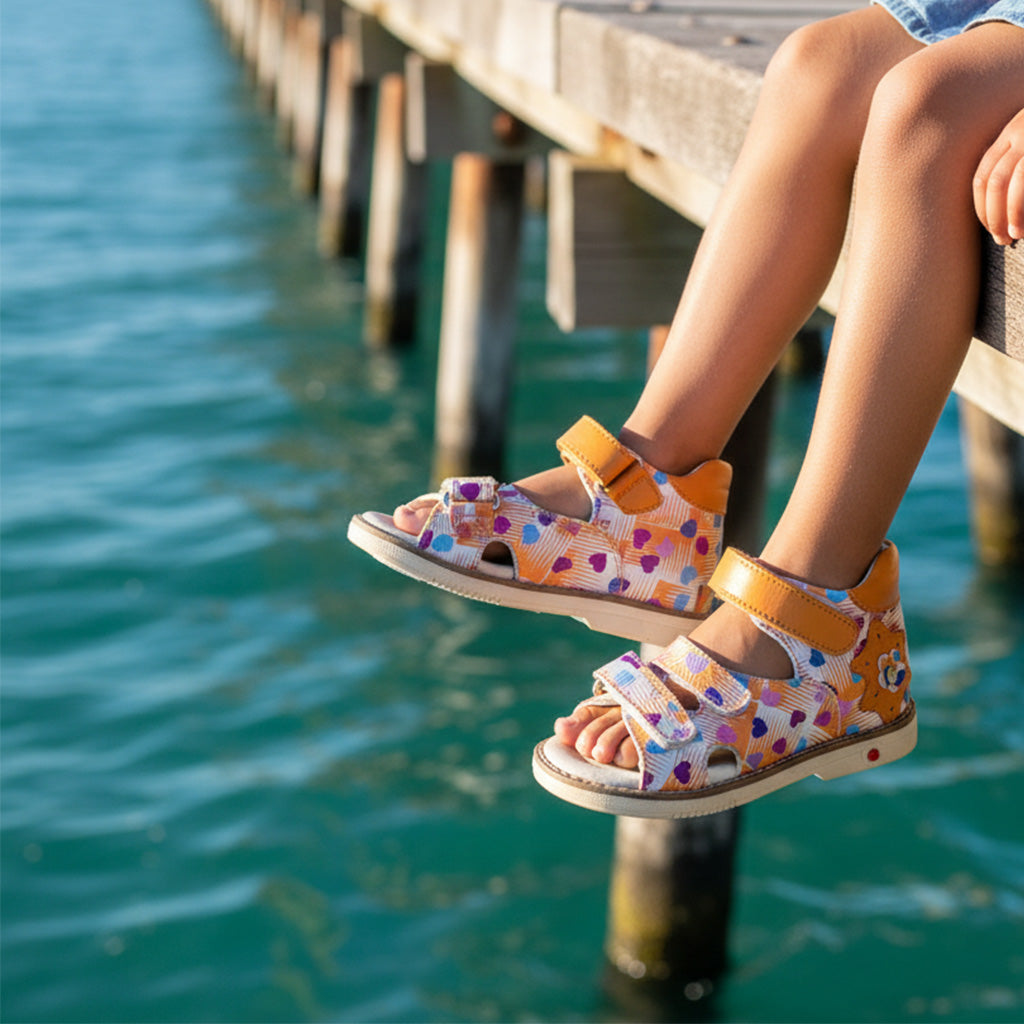 Ortho Shoes kids’ orthopedic sandals with orange, purple, and white pattern, Velcro closure, and arch support, worn while relaxing on a lakeside pier.