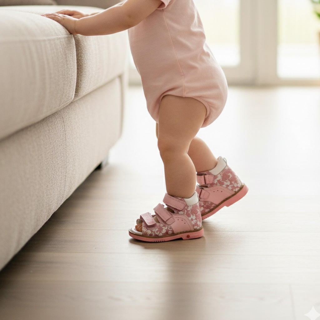 Toddler in pink onesie standing by couch wearing pink floral Ortho Shoes kids’ orthopedic sandals with arch and ankle support, Thomas heels, nubuck and leather lining.