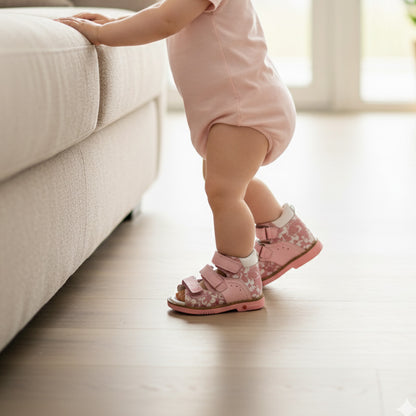 Toddler in pink onesie standing by couch wearing pink floral Ortho Shoes kids’ orthopedic sandals with arch and ankle support, Thomas heels, nubuck and leather lining.
