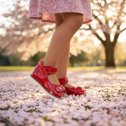 Ortho Shoes kids’ orthopedic sandals in glossy red with heart-shaped strap detail, Velcro closure, arch and ankle support, and Thomas heels, worn in a cherry blossom park.