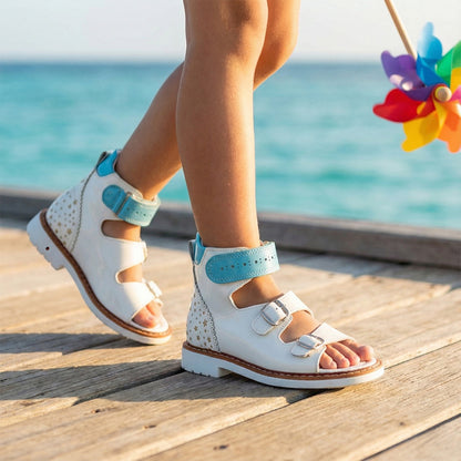 Ortho Shoes white orthopedic sandals with blue stars, ankle support, and Thomas heels, shown on a girl by the seaside.