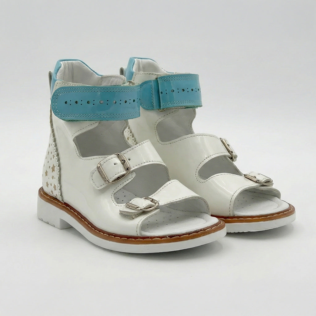 Supportive children’s orthopedic sandals with buckle straps, ankle and arch support, Thomas heels, and breathable insoles by Ortho Shoes.