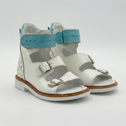 Supportive children’s orthopedic sandals with buckle straps, ankle and arch support, Thomas heels, and breathable insoles by Ortho Shoes.