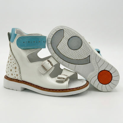 Supportive children’s orthopedic sandals with buckle straps, ankle and arch support, Thomas heels, and ‘Air Orthopedic’ sole branding.