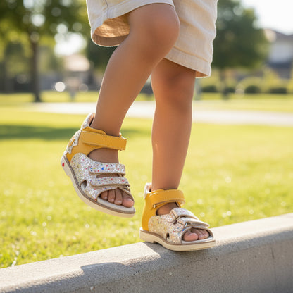 Child balancing on curb in sunny park wearing Ortho Shoes kids’ orthopaedic leather sandals with Velcro straps, arch and ankle support, Thomas heels for stability, and durable comfort design.