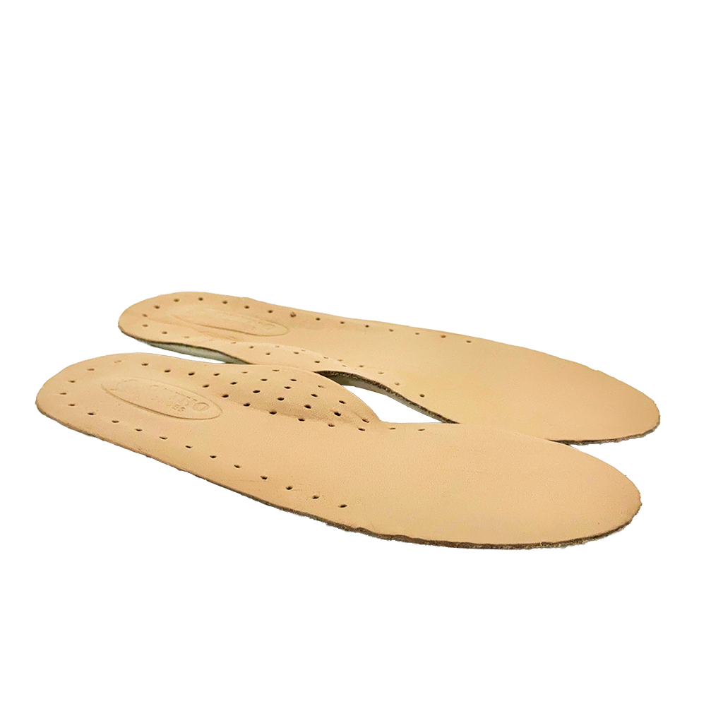 Pair of beige orthopaedic insoles with perforated leather top layer and built-in arch support, suitable for closed shoes.