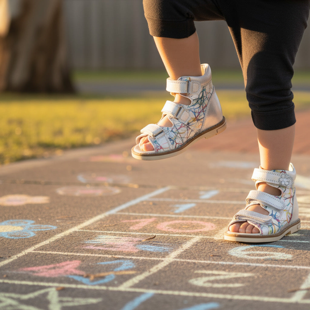 Child playing hopscotch in silver Ortho Shoes kids’ orthopedic sandals with colorful accents, arch and ankle support, Thomas heels, nubuck and leather lining.
