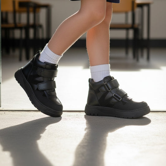 Supportive kids’ orthopaedic mid-top sneakers by Ortho Shoes, black with Velcro straps, designed for stability and comfort.