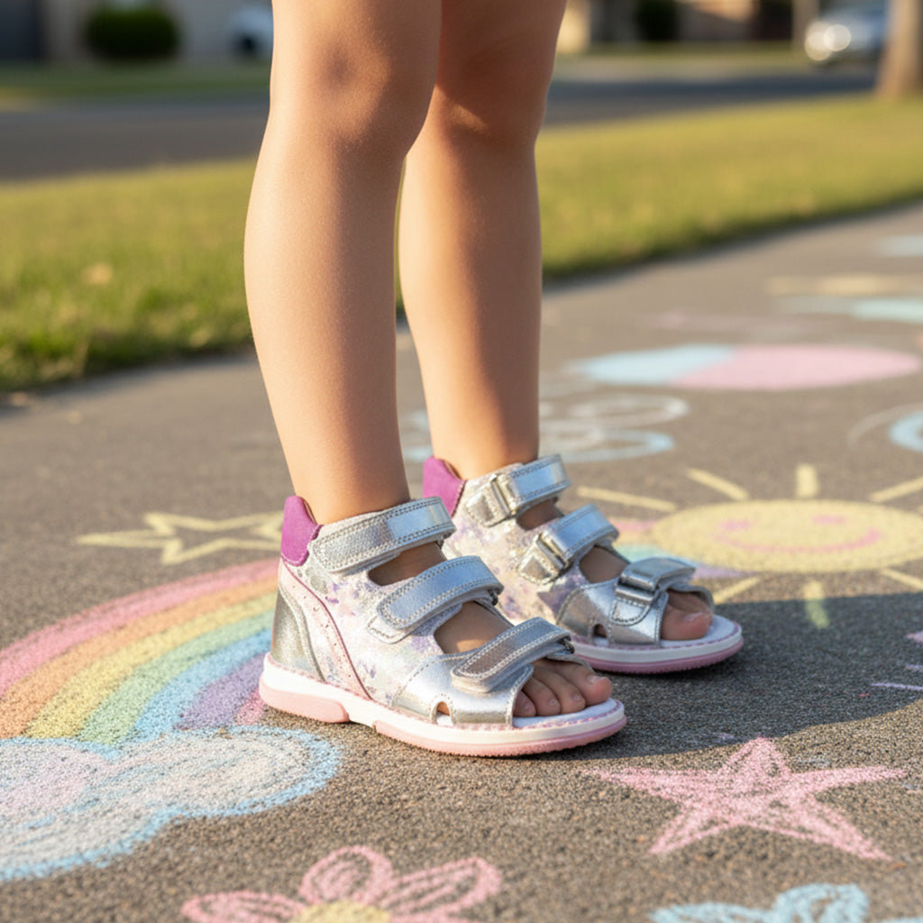 Girl wearing shiny silver Ortho Shoes kids’ orthopedic sandals with pink and purple accents, arch and ankle support, nubuck and leather lining, standing on chalk-decorated pavement.