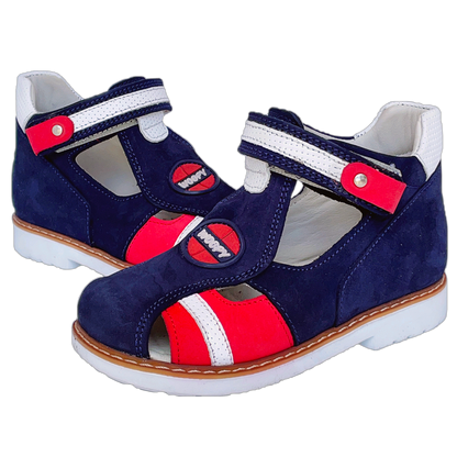 Photo of navy-red orthopaedic sandals for kids with arch and ankle support