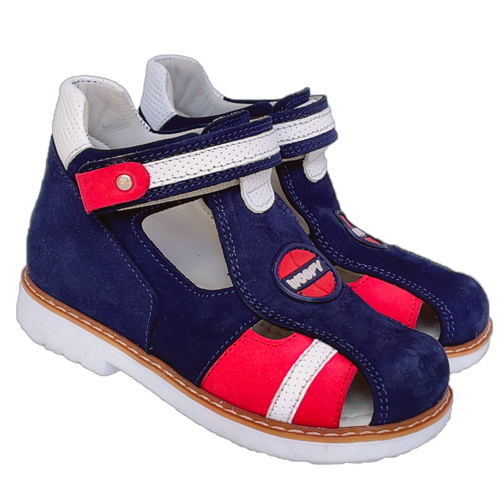 Photo of navy-red orthopaedic sandals for kids with arch and ankle support