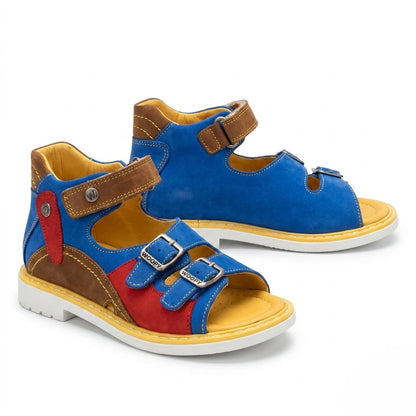 Colour-block mid-top orthopaedic sandals with buckle straps, firm ankle support, and yellow stitched sole.