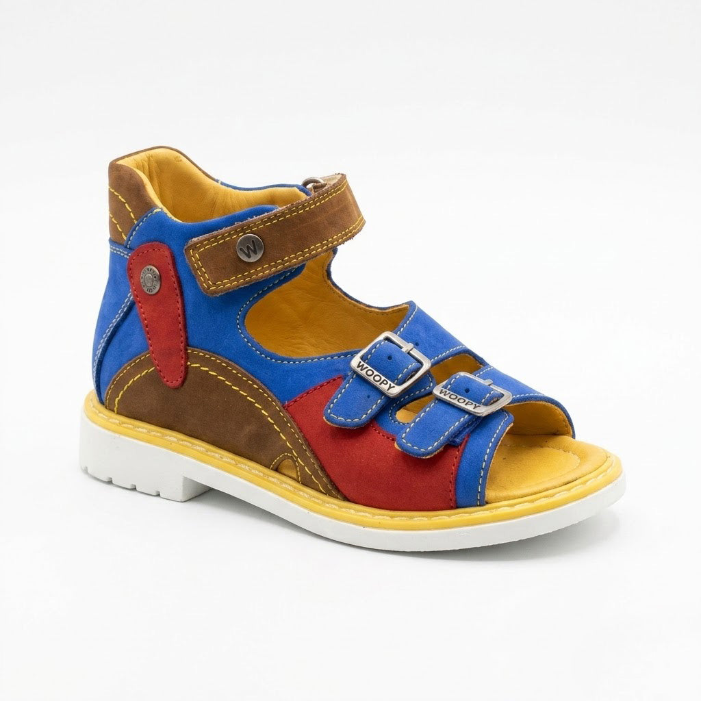 Colour-block mid-top orthopaedic sandals with buckle straps, firm ankle support, and yellow stitched sole.