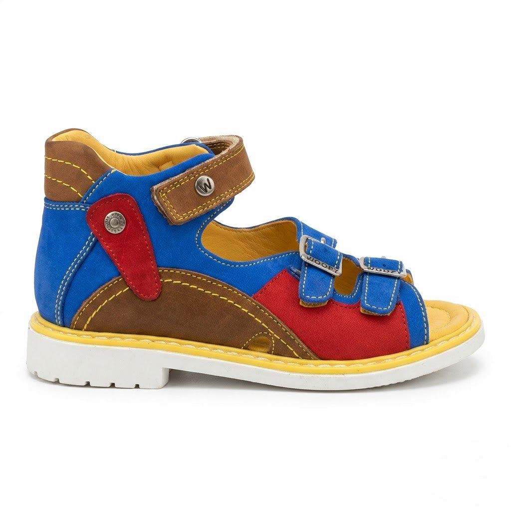 Colour-block mid-top orthopaedic sandals with buckle straps, firm ankle support, and yellow stitched sole.