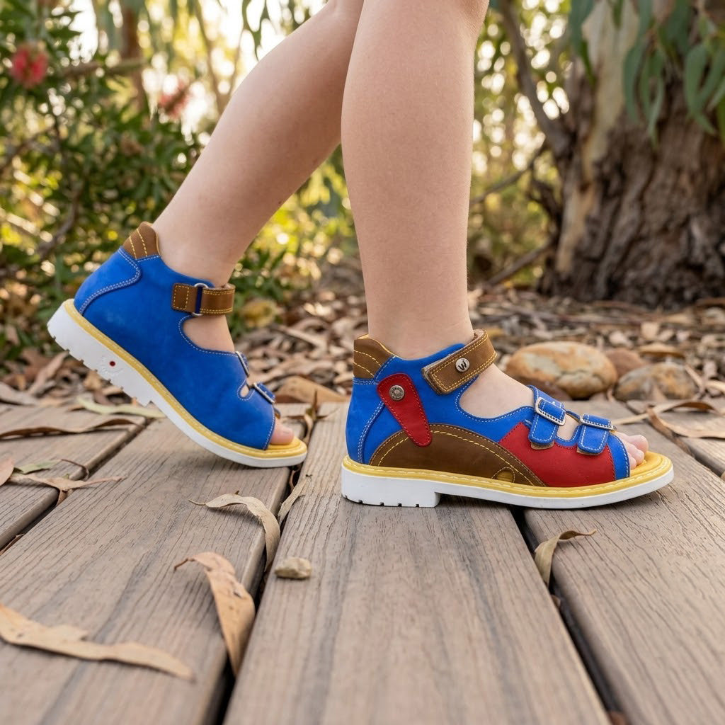 Boys mid-top orthopaedic sandals in blue red brown nubuck with arch and ankle support, 3 straps, and Thomas heel.