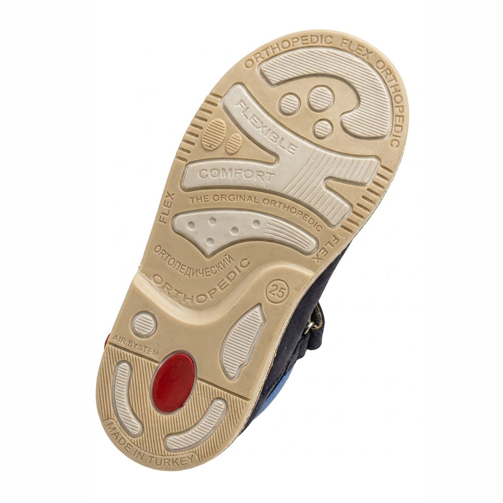 Mid-top orthopaedic sandals in navy nubuck and bright blue leather with structured cream sole and built-in Thomas heel.