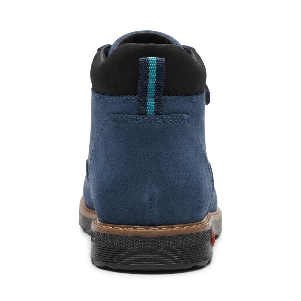 Boys blue orthopaedic boots featuring padded ankle collars, reinforced black toe cap, and Thomas heel.