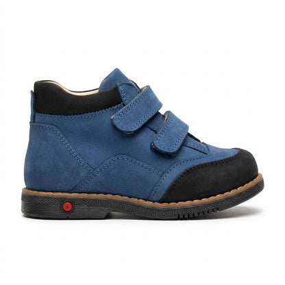 Boys blue orthopaedic boots featuring padded ankle collars, reinforced black toe cap, and Thomas heel.
