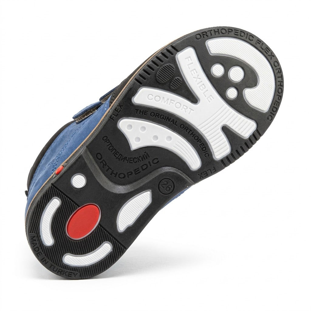 Boys blue orthopaedic boots featuring padded ankle collars, reinforced black toe cap, and Thomas heel.