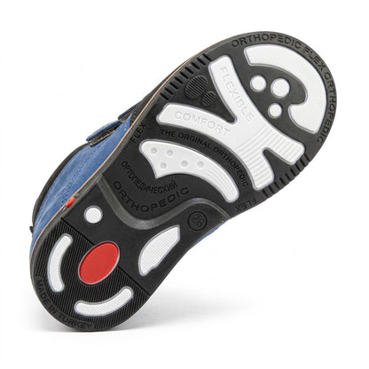 Boys blue orthopaedic boots featuring padded ankle collars, reinforced black toe cap, and Thomas heel.