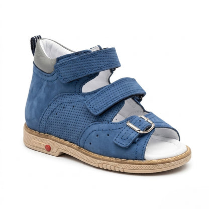 Profile of boys blue leather sandals showing structured ankle support, micro-perforations, and a Thomas heel.