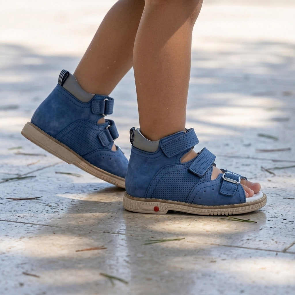 Kids orthopaedic sandals in matte blue nubuck and grey leather with adjustable straps and a sturdy cream sole.