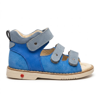 Blue nubuck orthopaedic sandals showing padded mid-top collar, firm heel counter, and sturdy Thomas heel