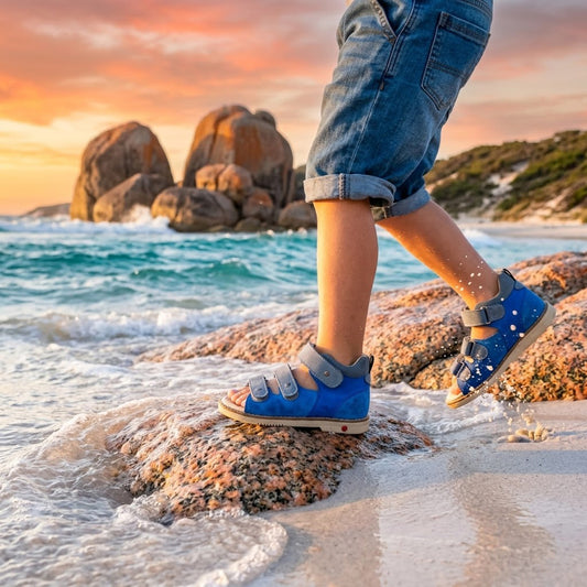 Kids blue orthopaedic sandals with three Velcro straps, grey accents, arch and ankle support, and cream sole