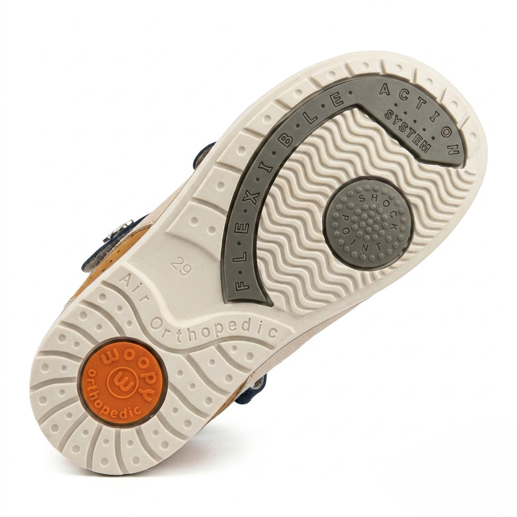 Mid-top orthopaedic sandals showing a cream sole, sturdy traction pattern, Thomas heel, three straps and a tiny silver helm charm.