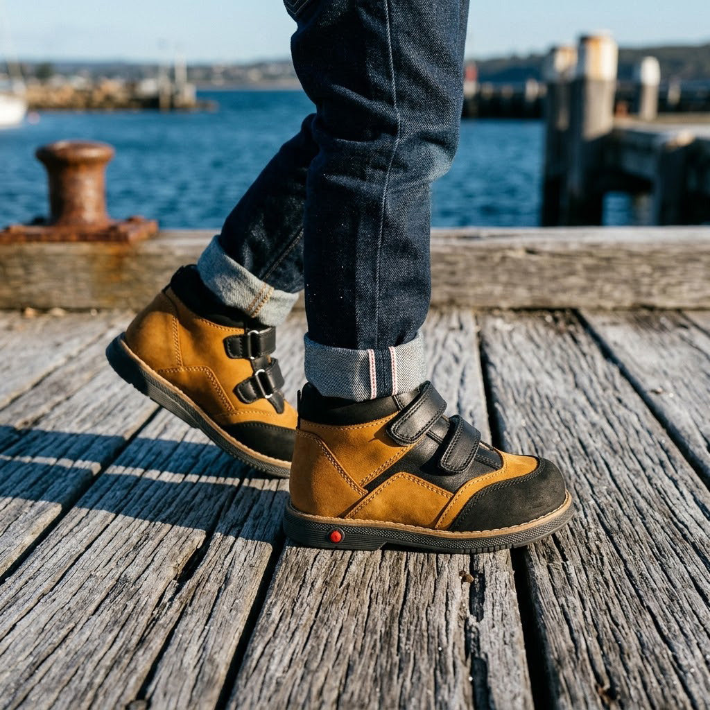 Boys' brown and black orthopaedic boots with Velcro straps, firm arch and ankle support, and Thomas heel.