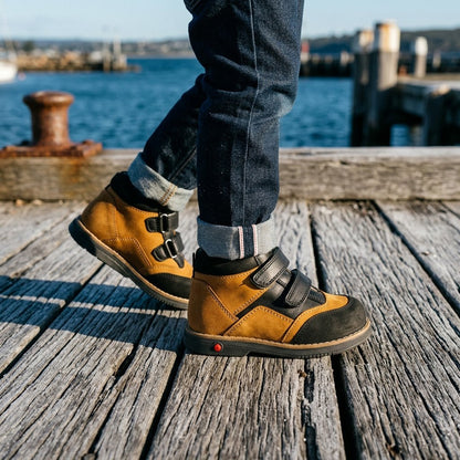 Boys' brown and black orthopaedic boots with Velcro straps, firm arch and ankle support, and Thomas heel.