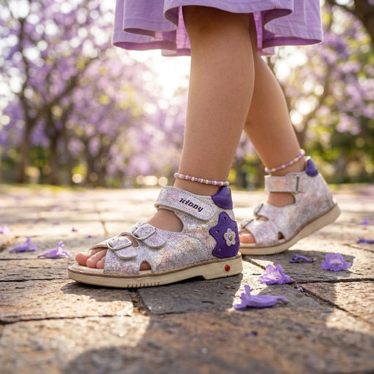 Girls purple and silver orthopaedic sandals with three adjustable straps and arch support.