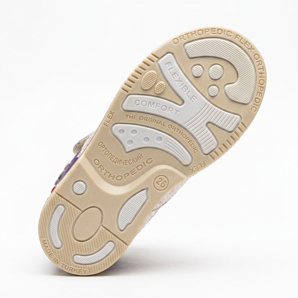 Beige orthopaedic sandal sole featuring structured support tread and built-in Thomas heel design.
