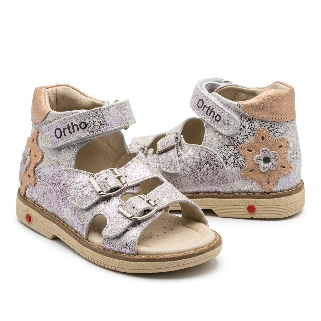 Mid-top orthopaedic sandals featuring arch and ankle support, adjustable buckles, hook-and-loop strap, and Thomas heel.